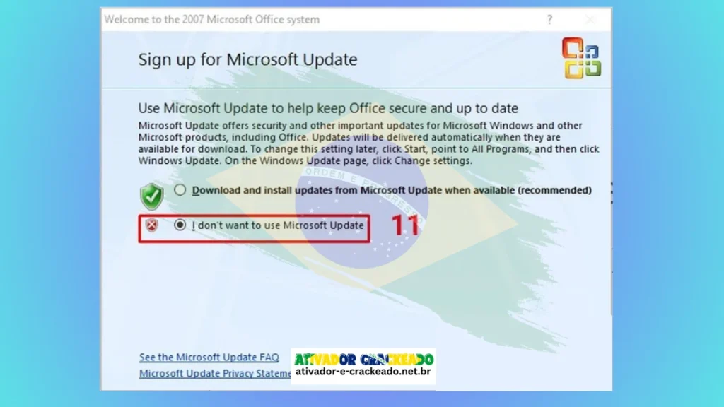 Marque a caixa “Não quero usar o Microsoft Update”